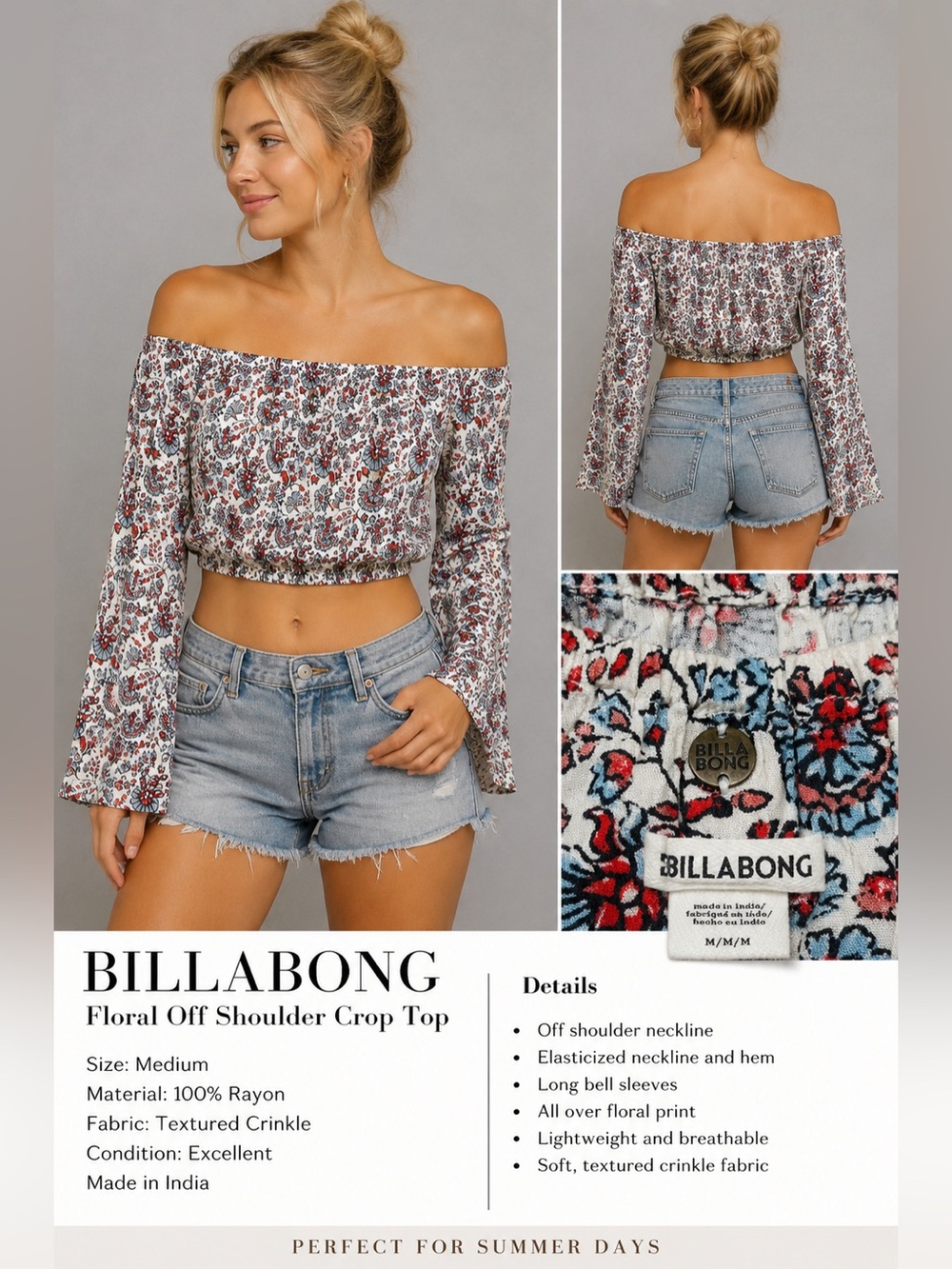 Billabong Floral Off-the-Shoulder Crop Top Medium Boho Crinkle Rayon Bell Sleeve